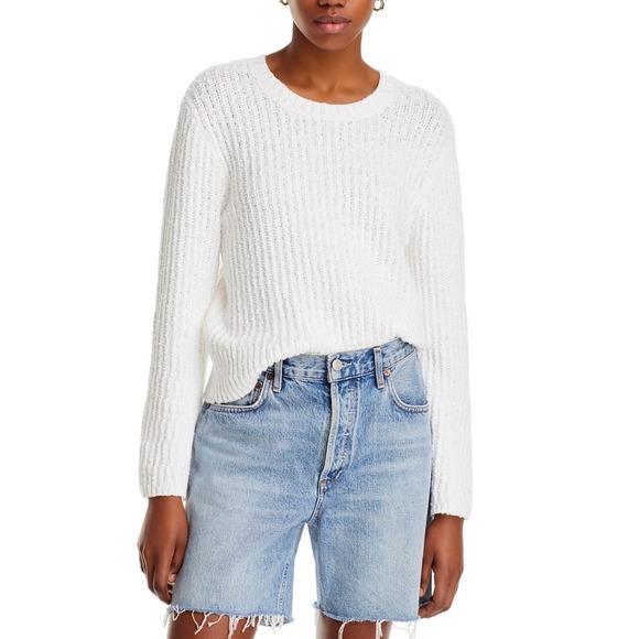 Paige Ambrosia Crewneck Sweater White Ribbed Cotton Knit 8888G23-1165 SMALL